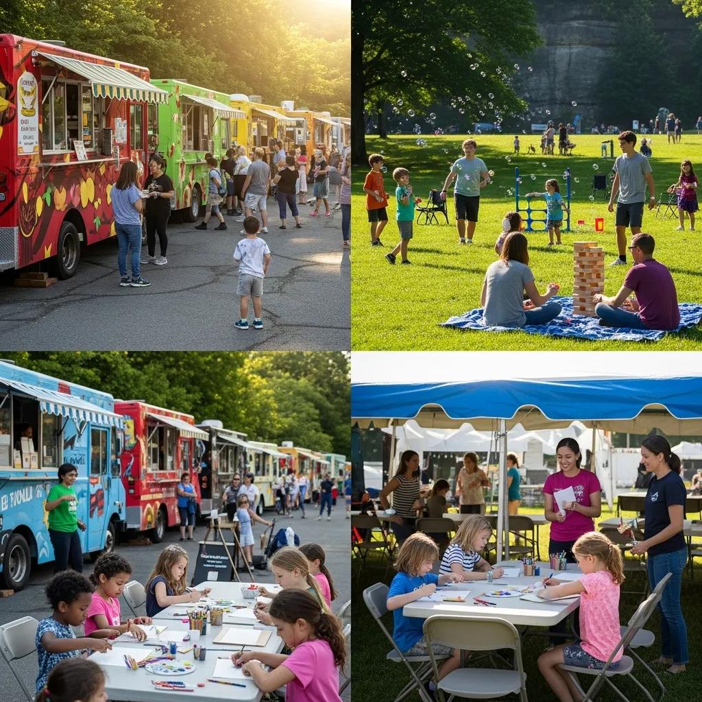 Families enjoying park amenities with food trucks and activities