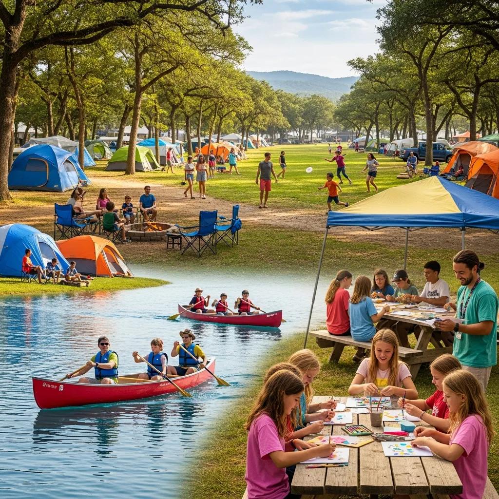 Families playing together at Ridge Ranch Campground — lakeside fun, games, and community spirit