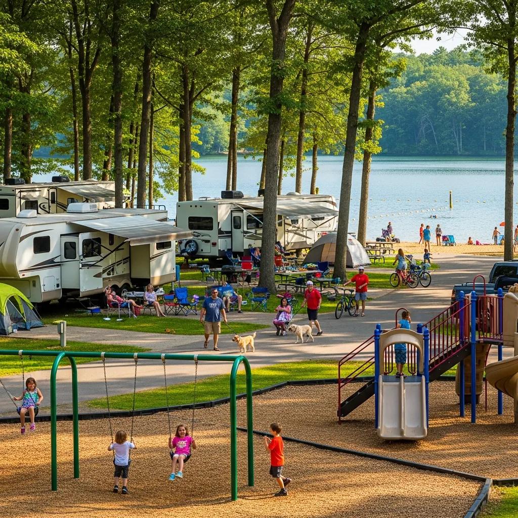 Families enjoying amenities at The Oaks Campground in Michigan, highlighting RVs, playgrounds, and a swimming lake