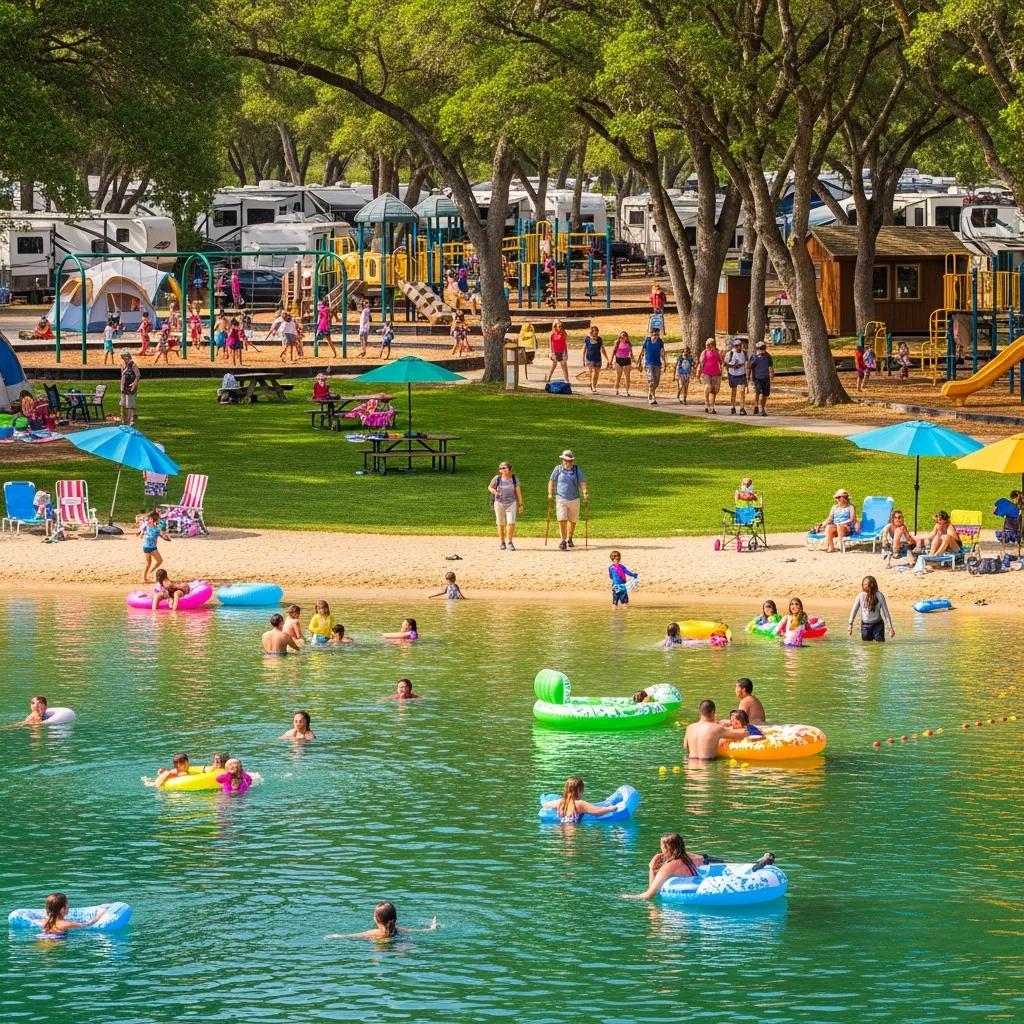 Guests enjoying The Oaks amenities — swimming lake, trails, and family-friendly play areas