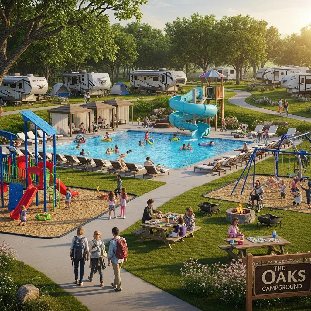 Playground and pool area at The Oaks Campground, enhancing longer stays