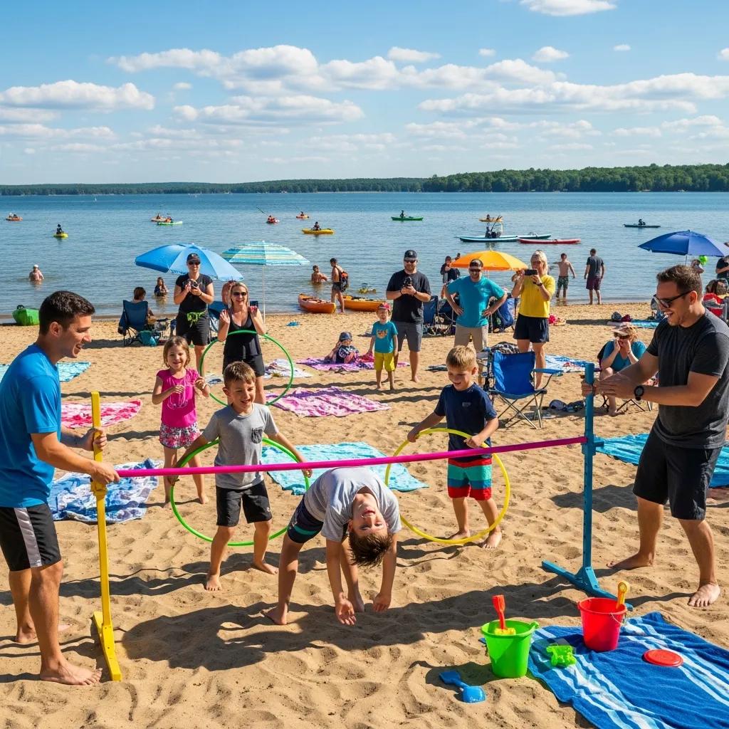 Beach games at Willow Lake including hula hoop and limbo