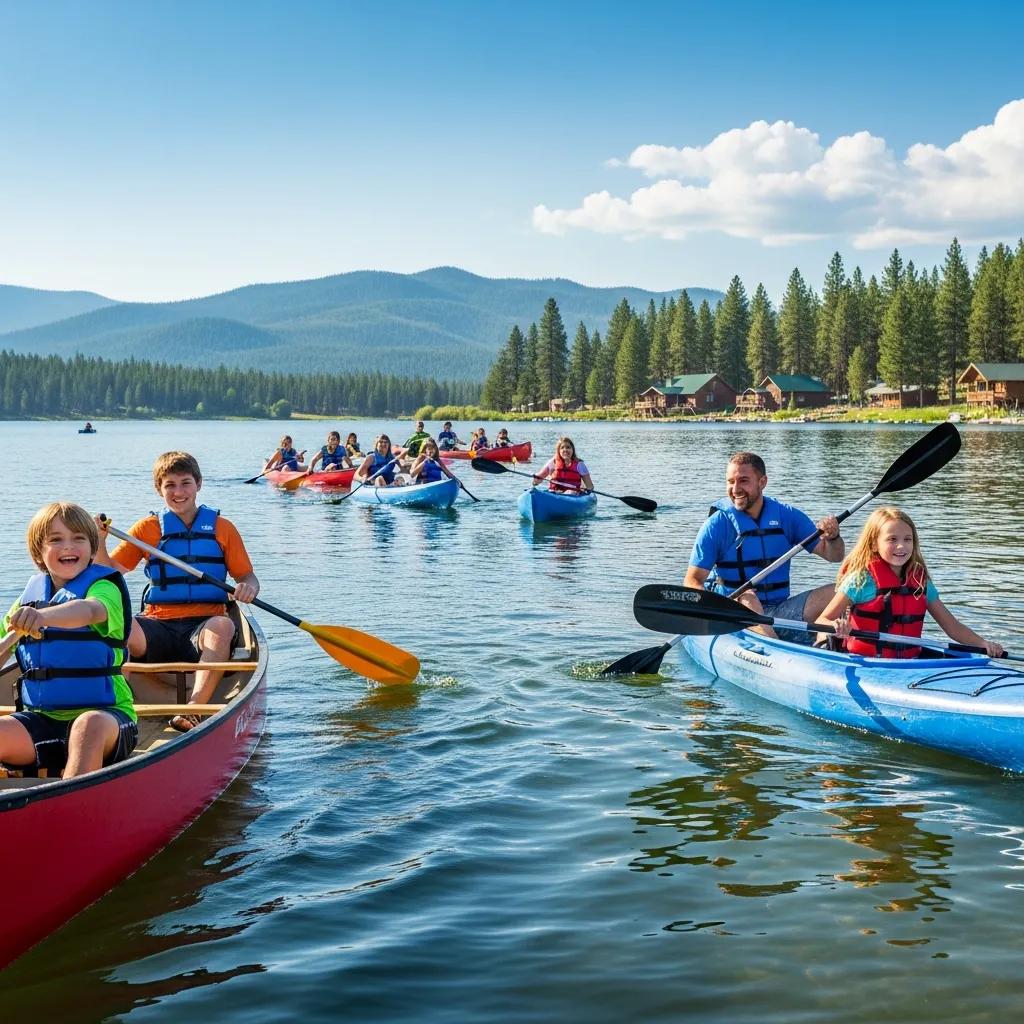 Families canoeing and kayaking on the river near Ridge Ranch
