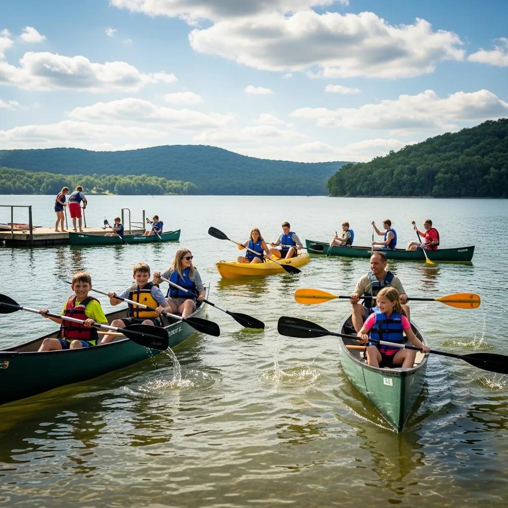 Families canoeing and kayaking on Ridge Ranch Lake