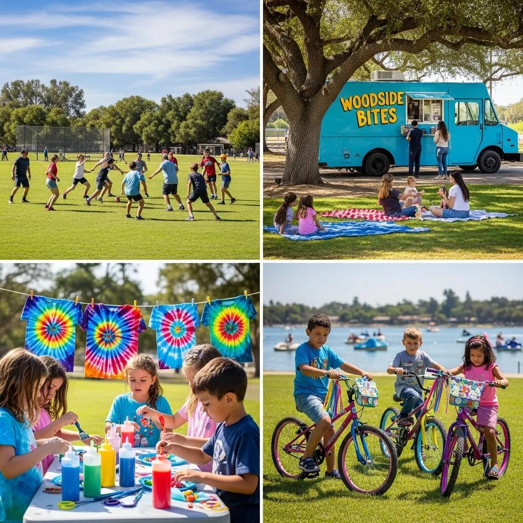 Families taking part in crafts and games at Woodside Lake Park with food trucks nearby