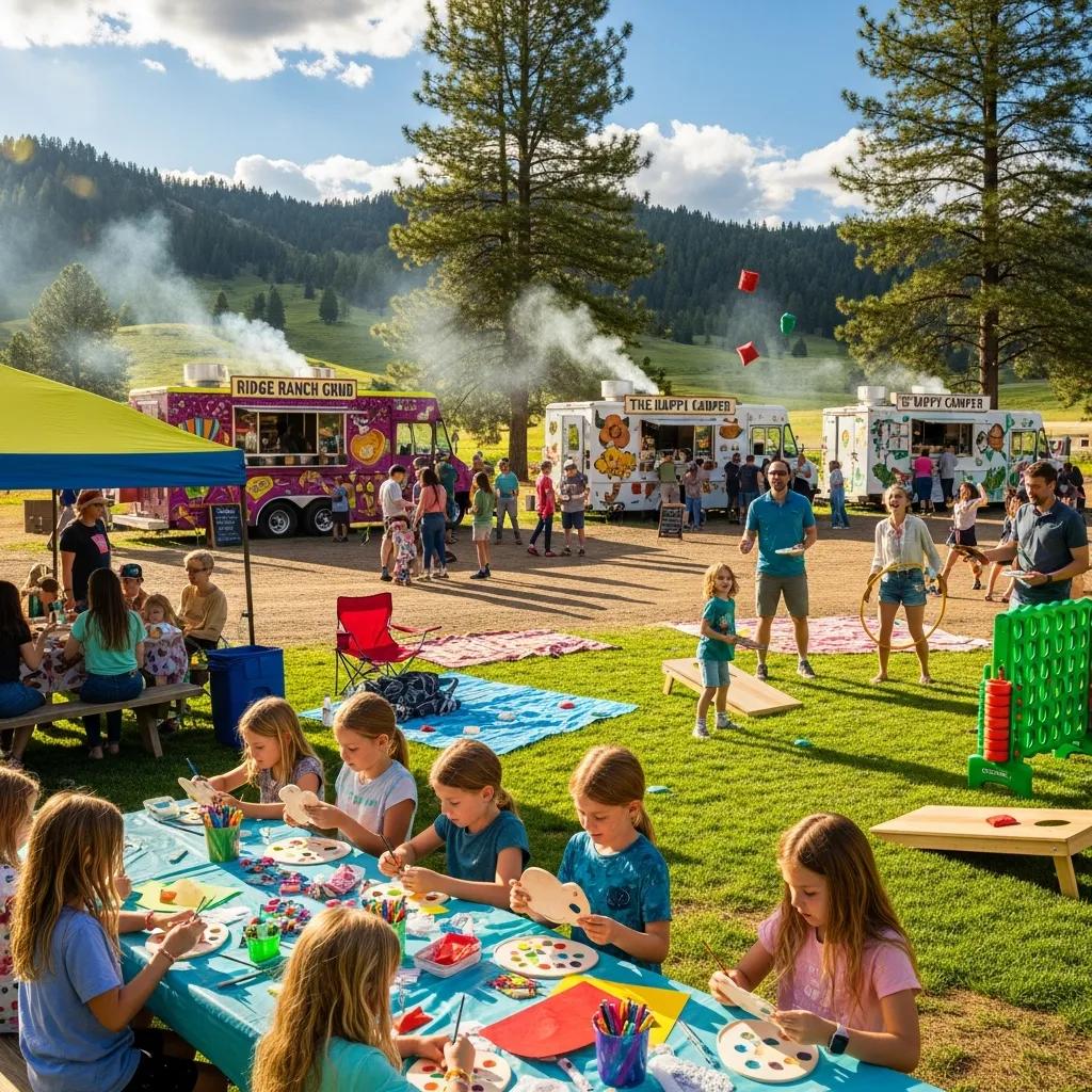 Kids making crafts and families playing cornhole at Ridge Ranch Campground