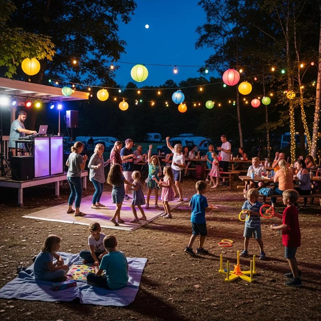 Families dancing and watching a movie at an evening campground event