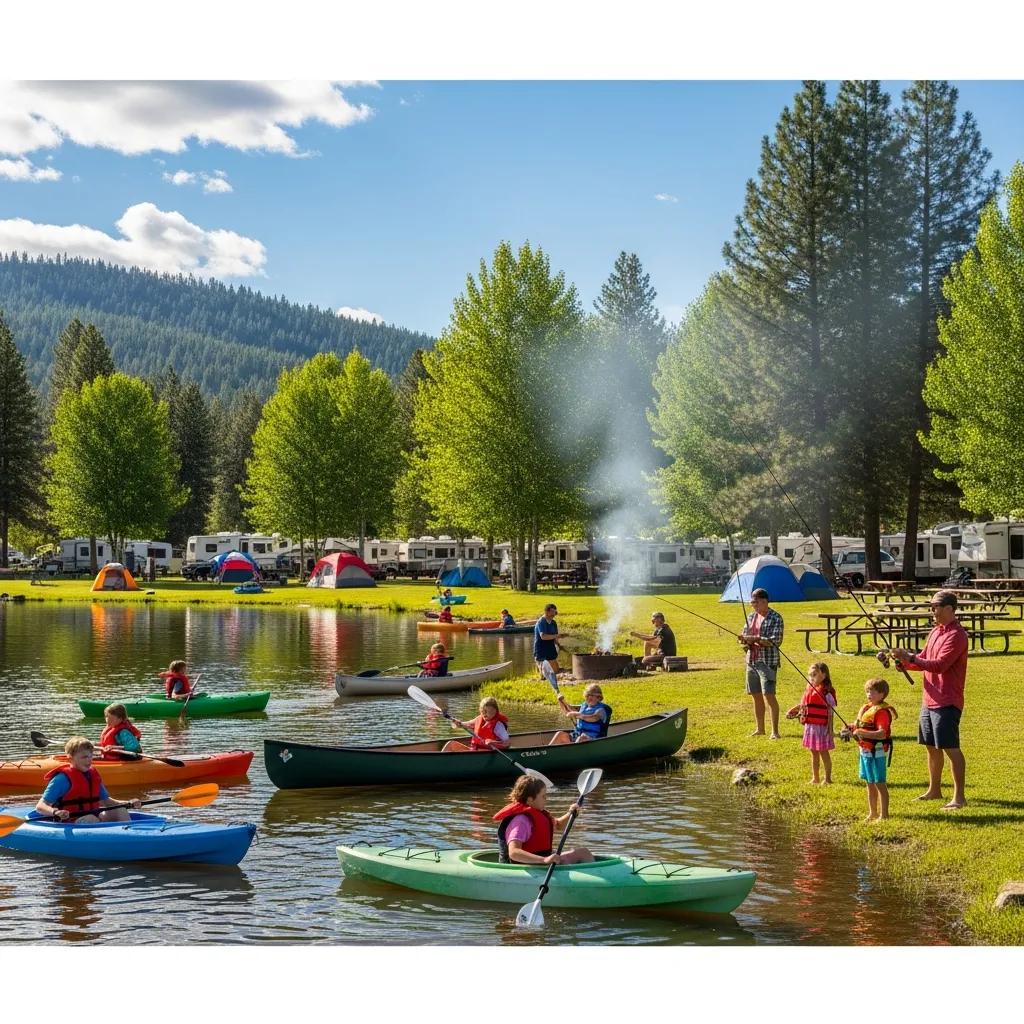 Families kayaking and fishing on Ridge Ranch's calm private lake