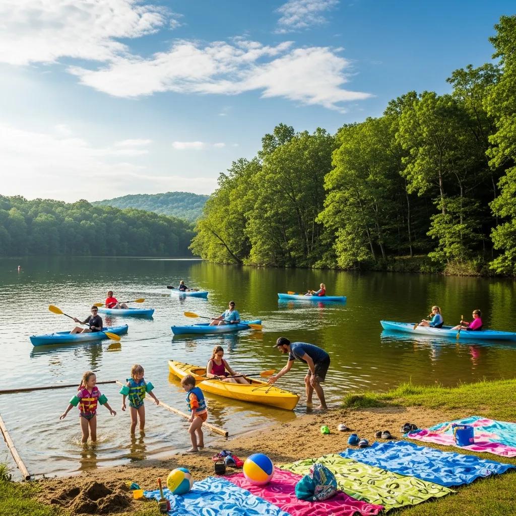Families enjoying the lake and canoe rentals at Ridge Ranch Campground