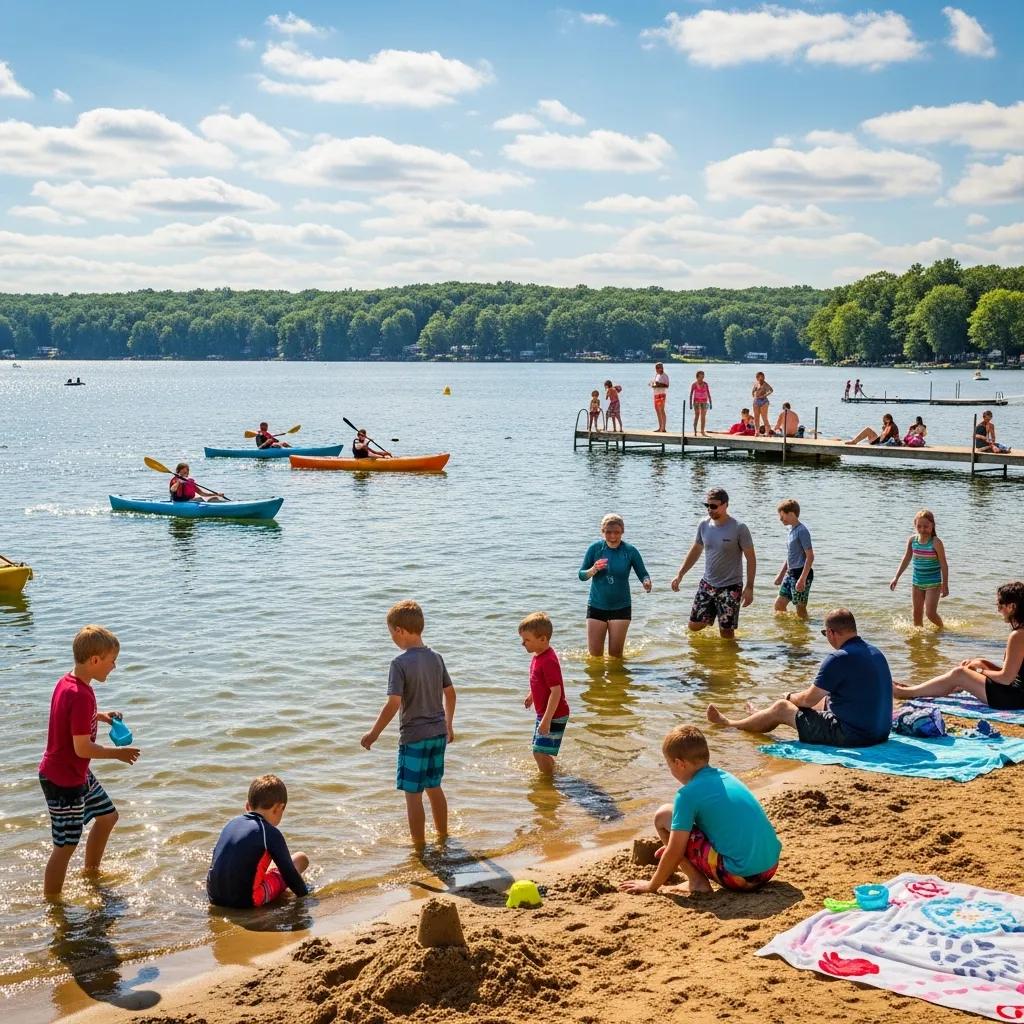 Families enjoying Ridge Ranch lakefront — sandy beach, kayaks, and docks