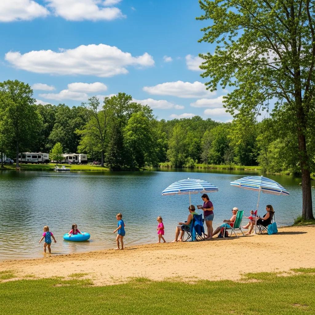 Families enjoying outdoor activities at Ridge Ranch Campground by a private lake in Ohio