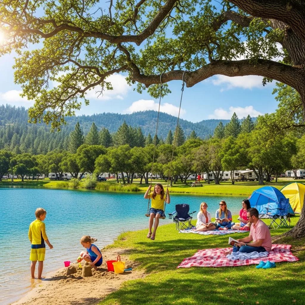 Families playing and relaxing beside Ridge Ranch’s 17-acre lake