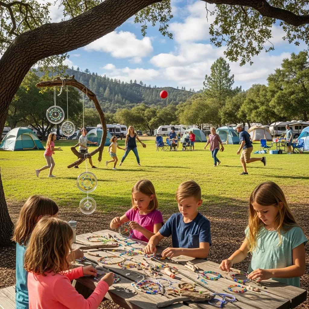 Children doing crafts and families joining outdoor games at Ridge Ranch Campground