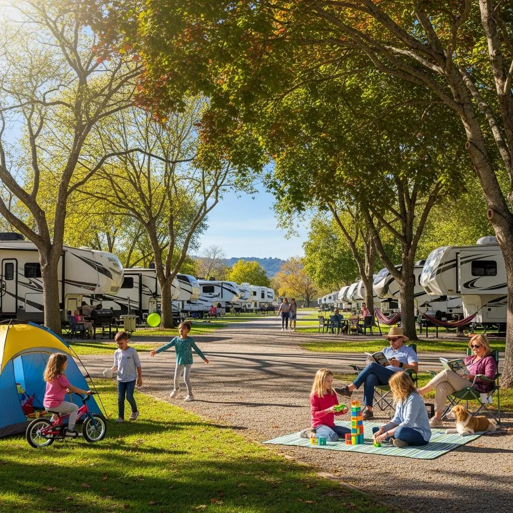Families enjoying open space and amenities at The Oaks Campground