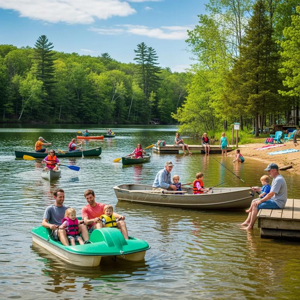 Family paddle boating and fishing on the Ridge Ranch lake