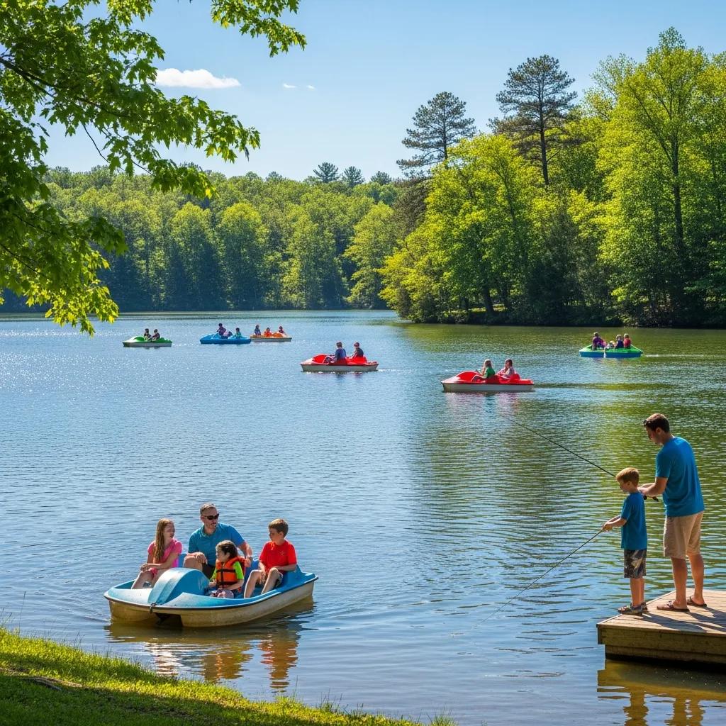 Families paddleboating and fishing on Ridge Ranchโs 17-acre lake