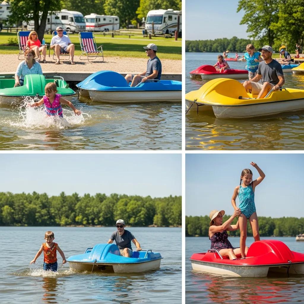 Kids paddle boating and swimming on Ridge Ranch's lake
