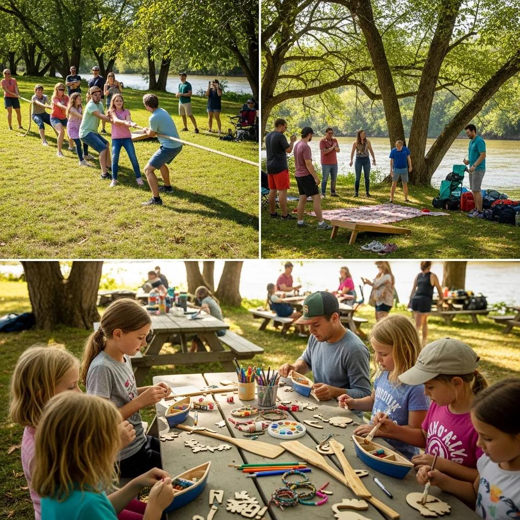 Families enjoying crafts and group games after a river trip at Walnut Hills