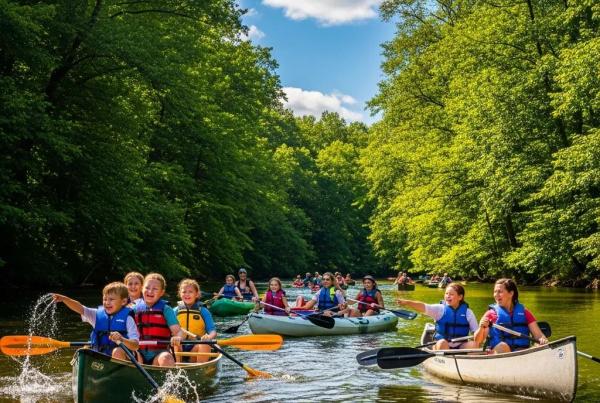 Families enjoying river floating at Walnut Hills Family Campground with canoes on the Shiawassee River