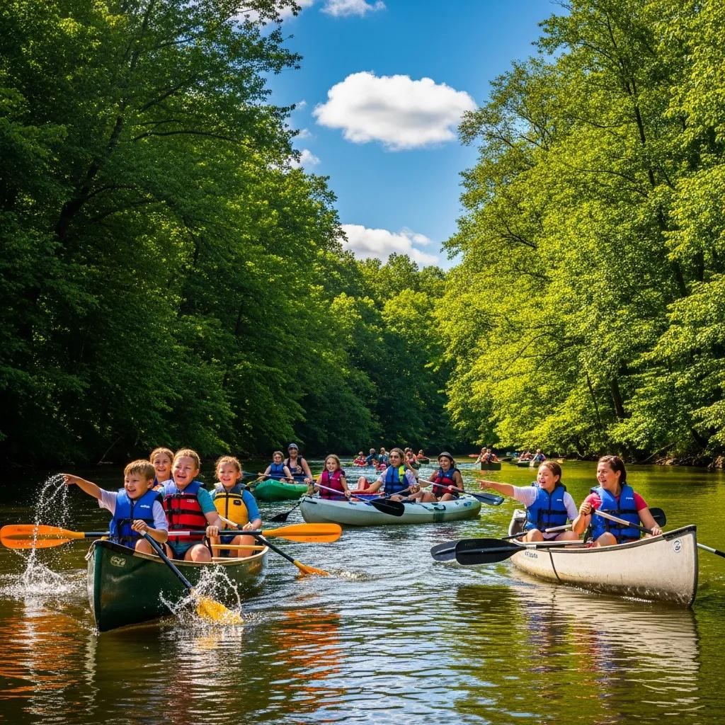Families enjoying river floating at Walnut Hills Family Campground with canoes on the Shiawassee River