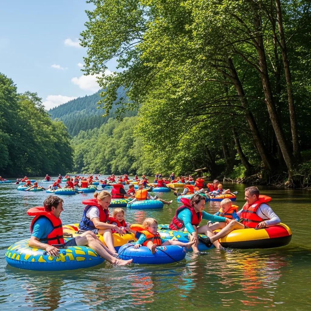 Children wearing life jackets while floating with adult supervision on the Shiawassee River