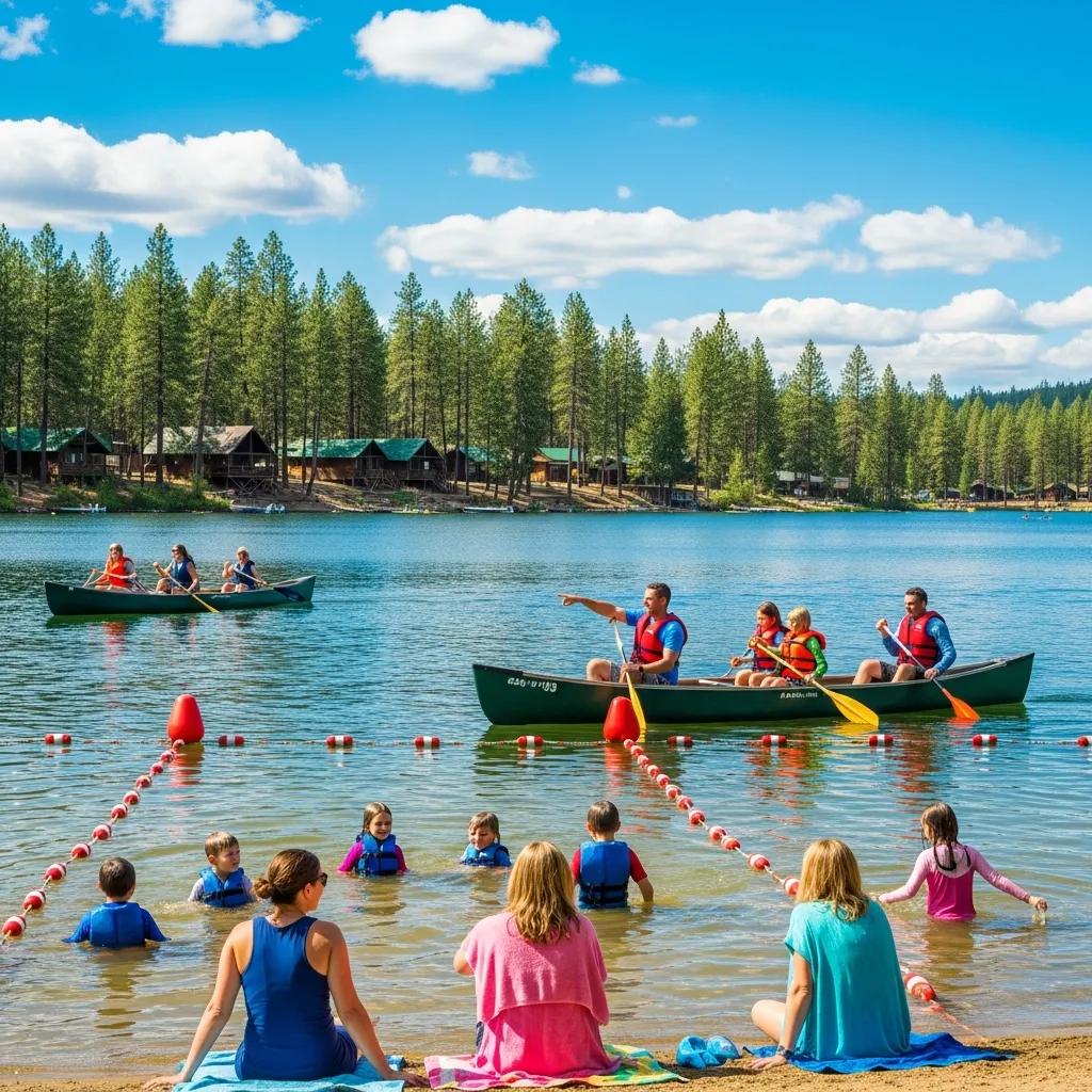 Kids canoeing and families swimming on Ridge Ranch's 17-acre lake