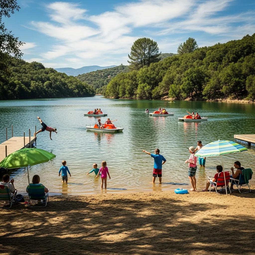 Children and families swimming and paddle boating at Ridge Ranch Lake
