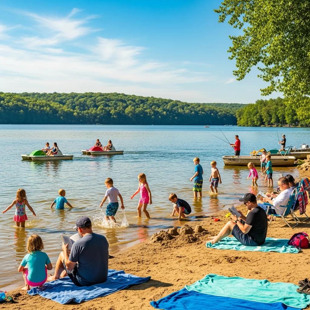 Families swimming and paddleboating on the lake at Ridge Ranch Campground