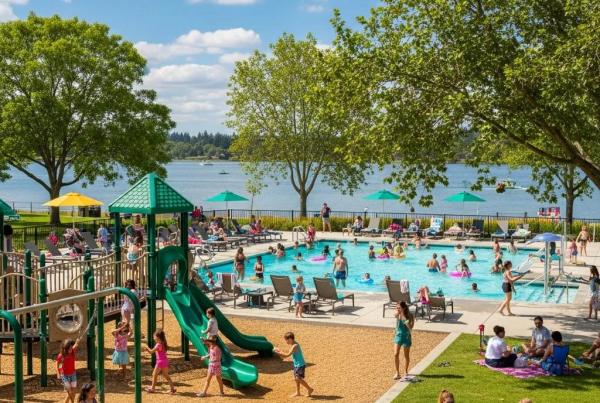 Families enjoying swimming and playground activities at Woodside Lake Park