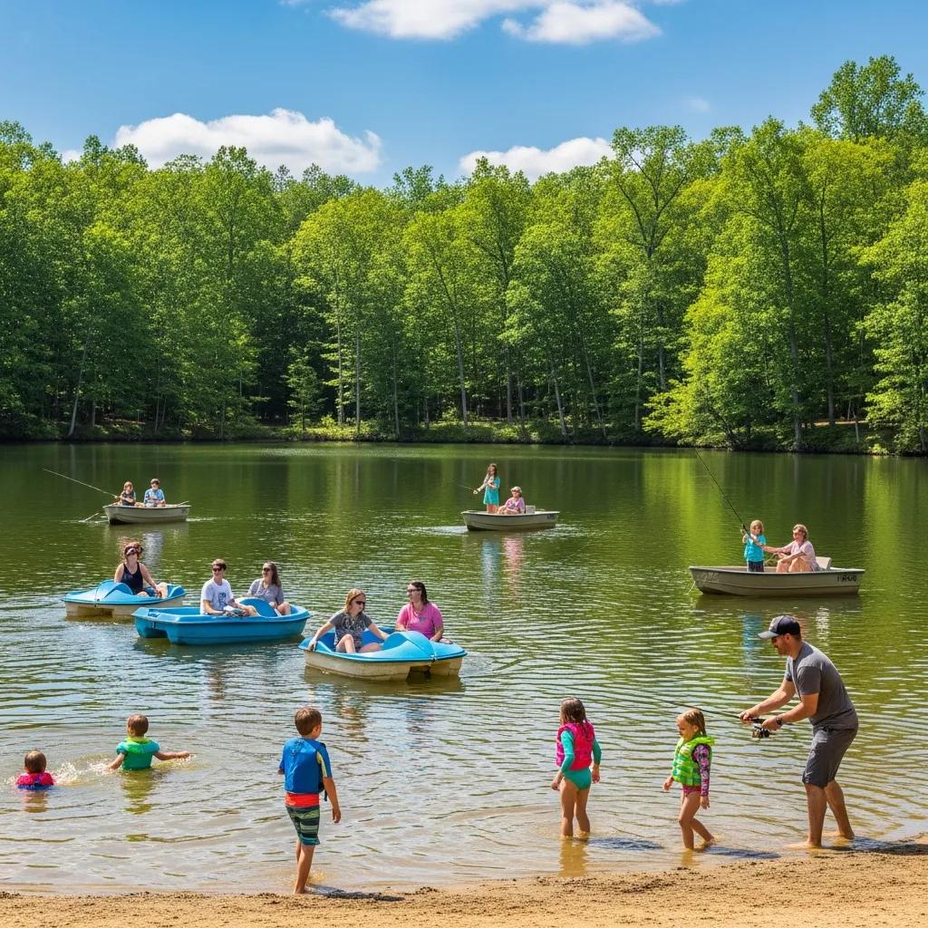 Families swimming, paddleboating, and fishing on Ridge Ranch's 17-acre lake