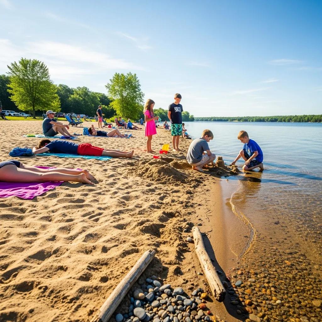 Children and parents enjoying the clean sandy beach at Ridge Ranch Campground