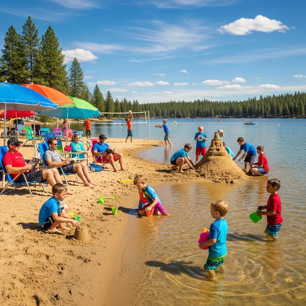 Families relaxing and playing at the lake and beach at Ridge Ranch Campground