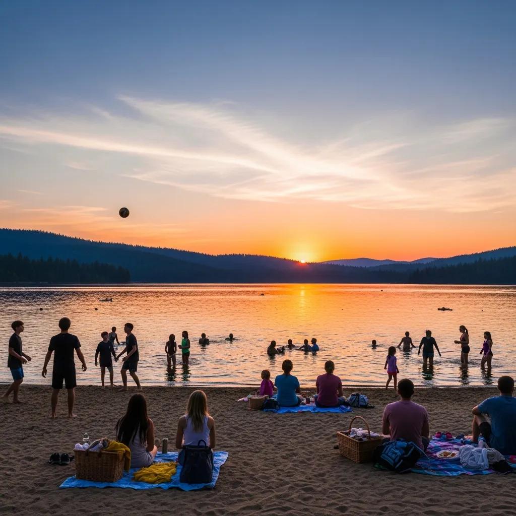 Families enjoying the lakefront and sandy beach at Ridge Ranch Campground