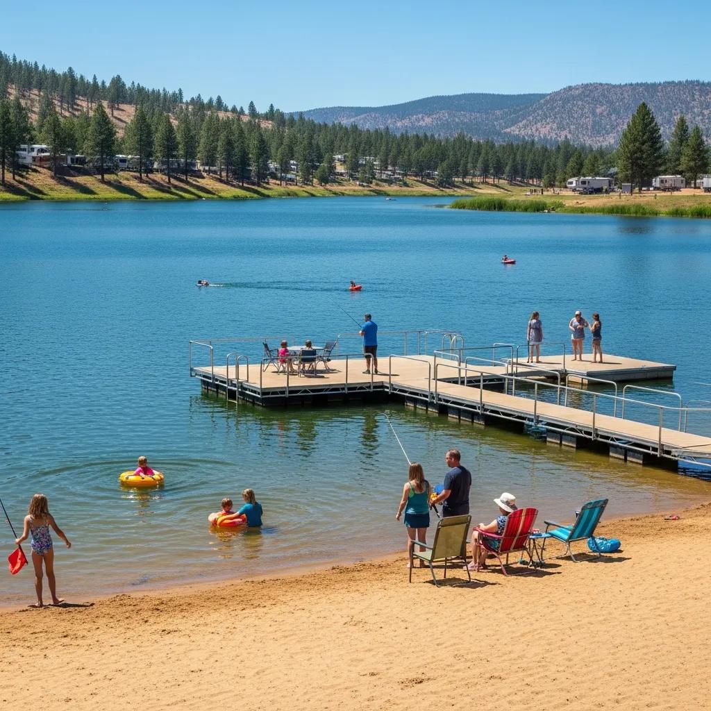 Families at Ridge Ranch enjoying the 17-acre lake — swimming, fishing, and sandy beach