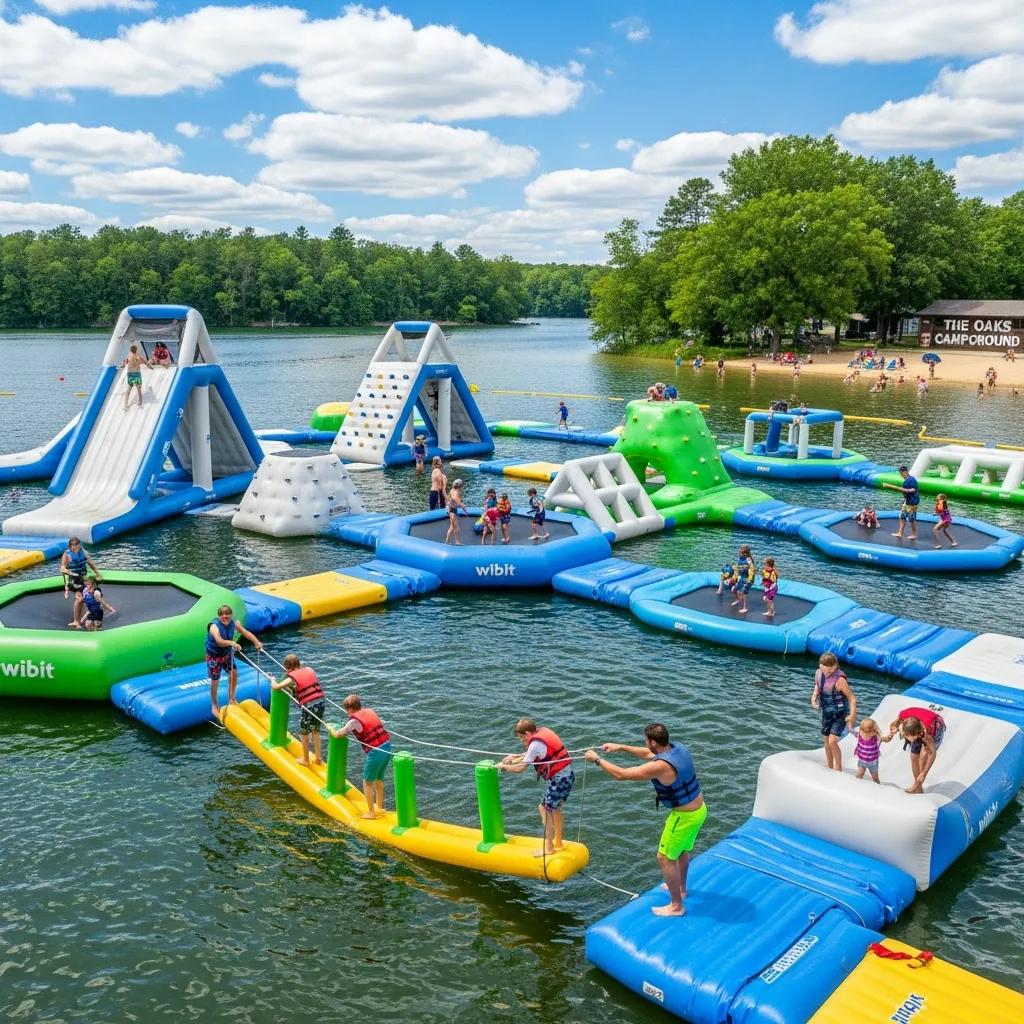 Preview of the planned Wibit inflatable water park at The Oaks — bright obstacles and slides on the water