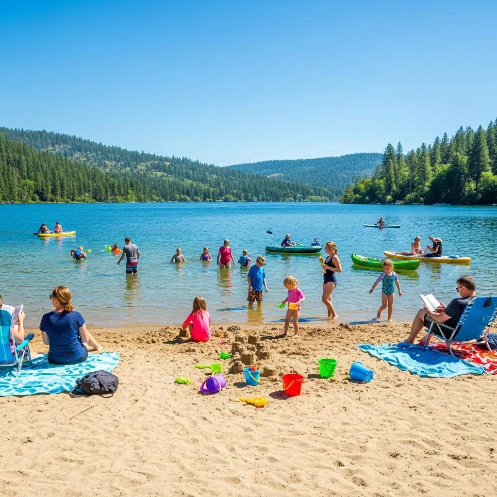 Children and families enjoying the sandy beach and lake at Ridge Ranch Campground