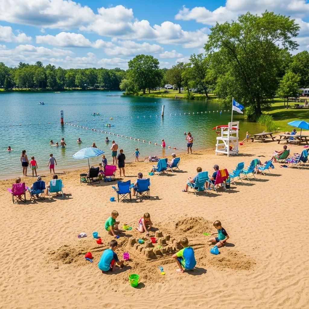 Kids and parents playing at the sandy beach and swimming lake at The Oaks Campground