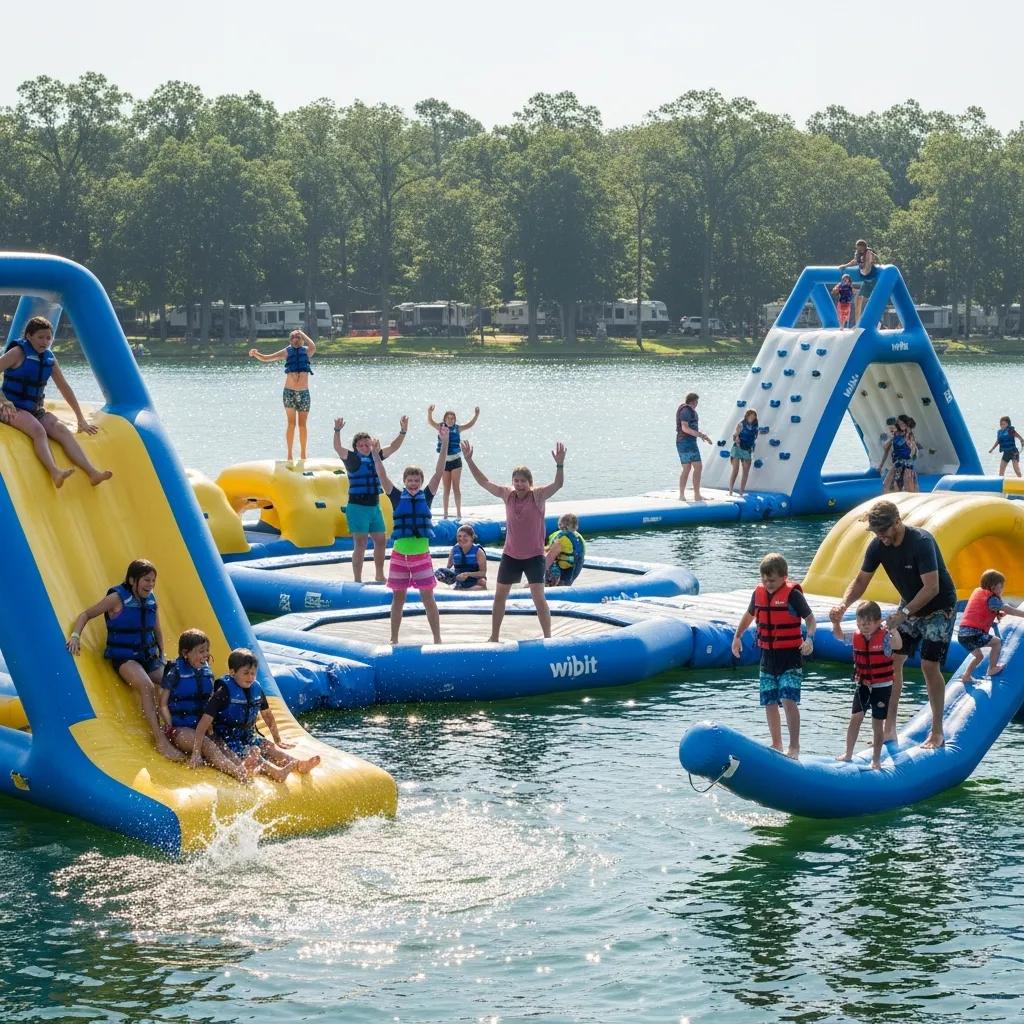 Kids climbing and sliding on an inflatable Wibit course at The Oaks Campground