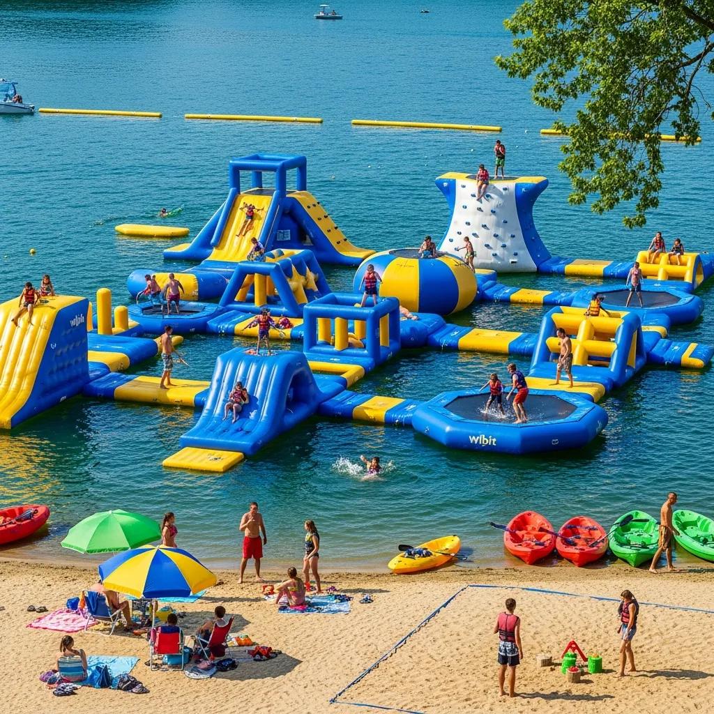 Kids and families on the Wibit inflatable course and beach at Walnut Hills