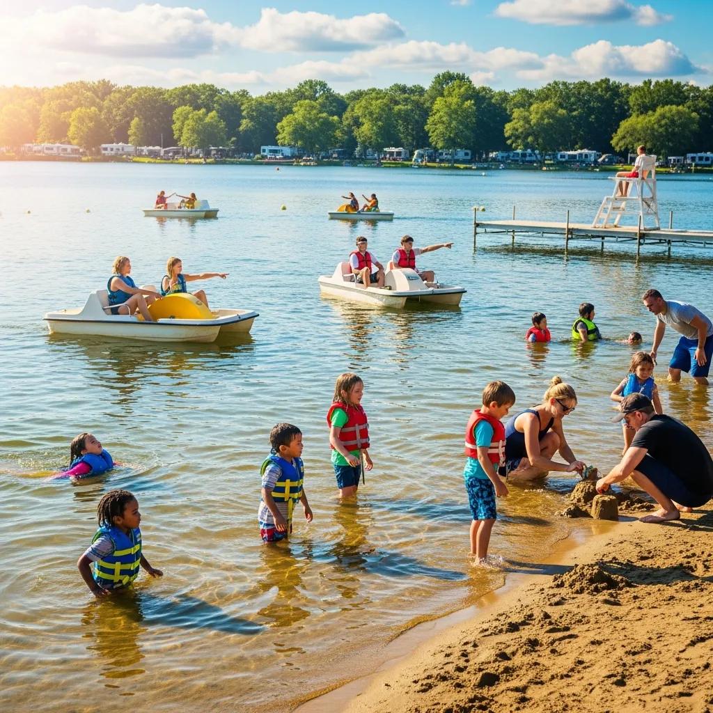 Families enjoying water activities at a campground with swimming, paddleboats, and a sandy beach