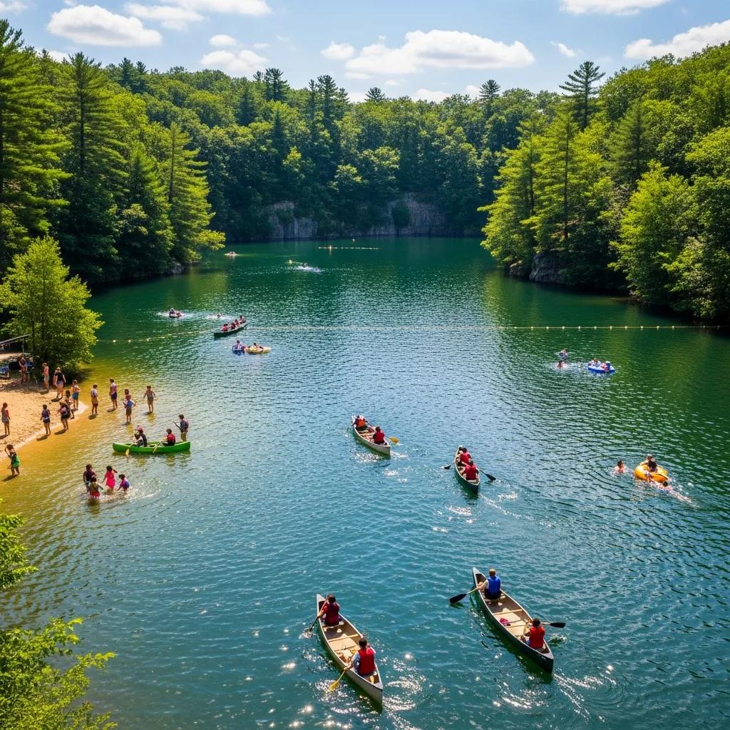 Families swimming and relaxing at Nelson Ledges’ lake and sandy beach