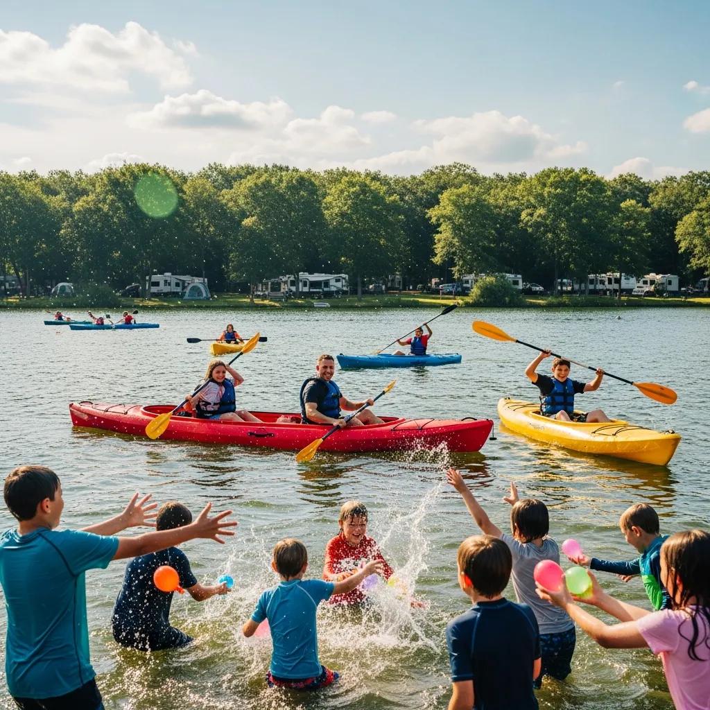 Families paddleboating and enjoying water activities at Ridge Ranch Campground