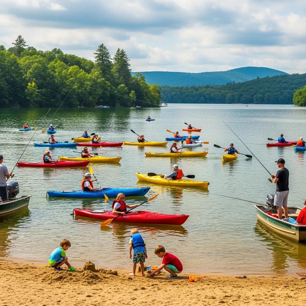 Families swimming, fishing, and playing along Ridge Ranch's lakefront