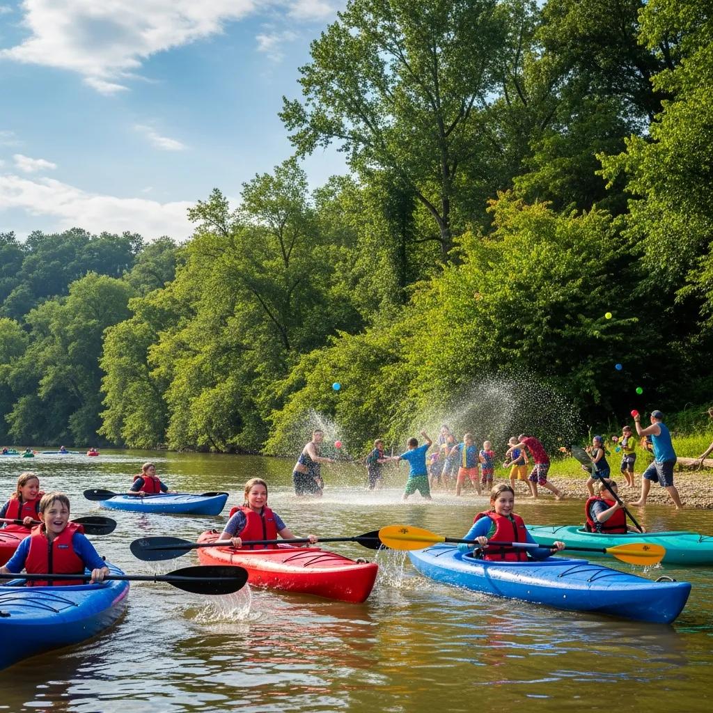 Family enjoying water activities like kayaking and water games