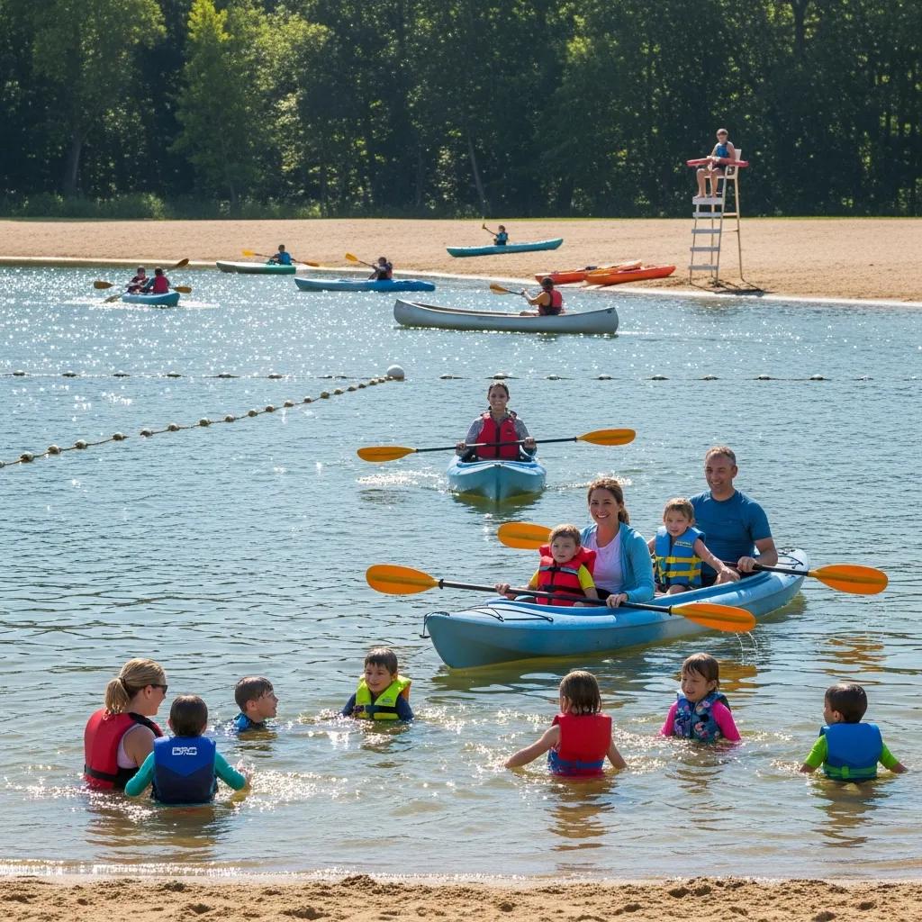 Families enjoying water activities at Ridge Ranch's 17-acre lake, highlighting swimming and kayaking