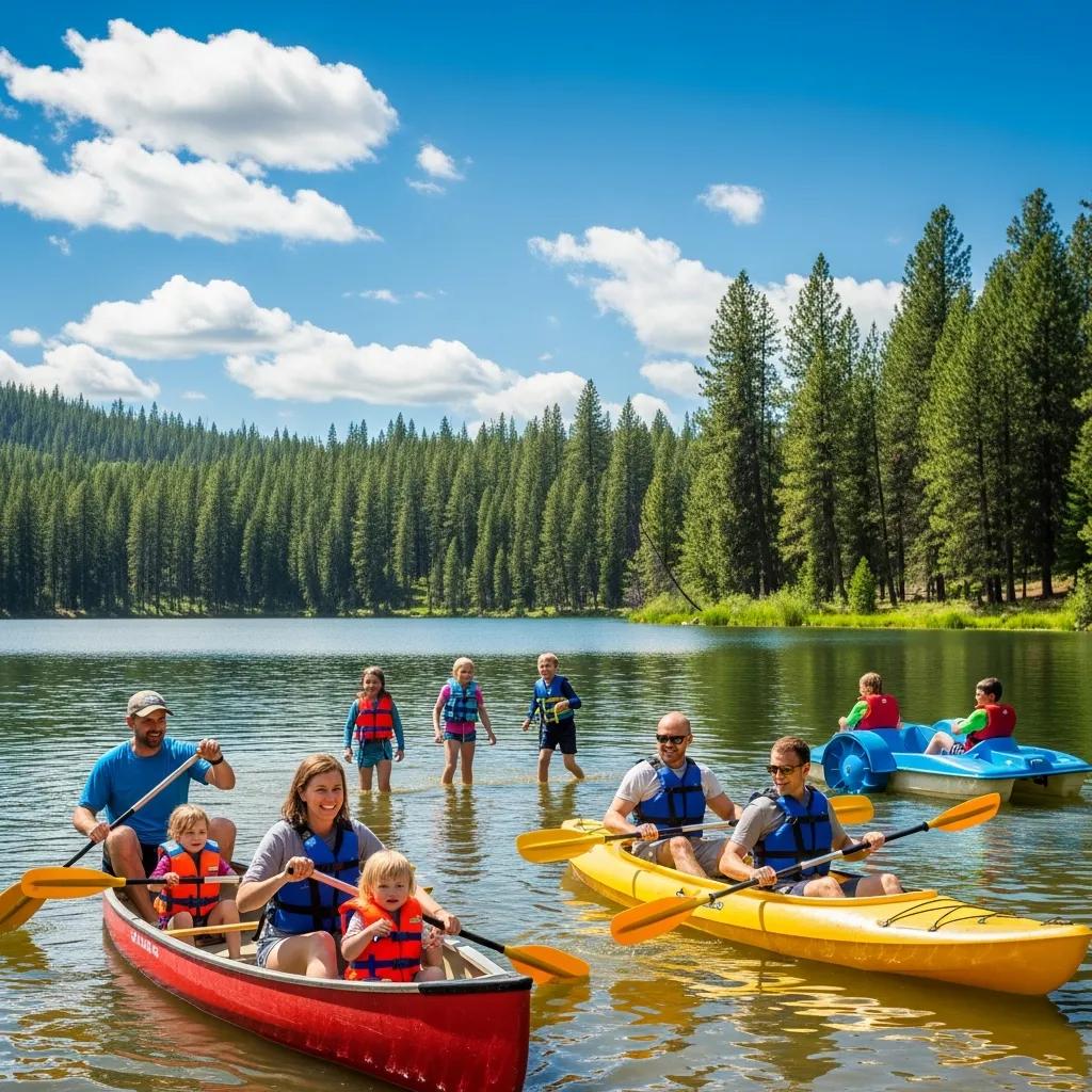 Families enjoying canoeing and paddle boating at the campground waterfront