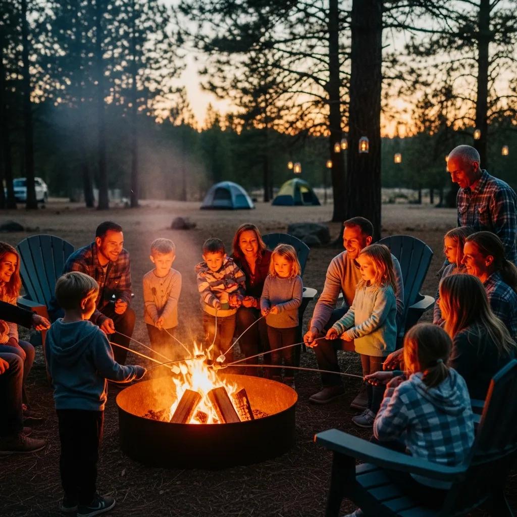 Community campfire and families enjoying evenings together at Ridge Ranch Campground