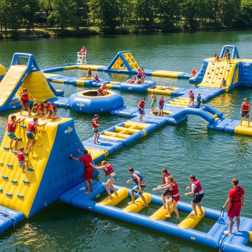 Kids climbing inflatable obstacles at the Wibit water park