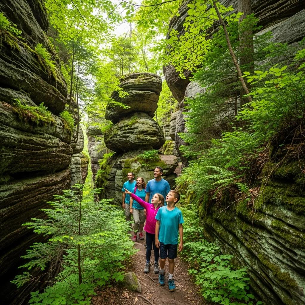 Families walking the Ledges Trail with rocky outcrops and forest views