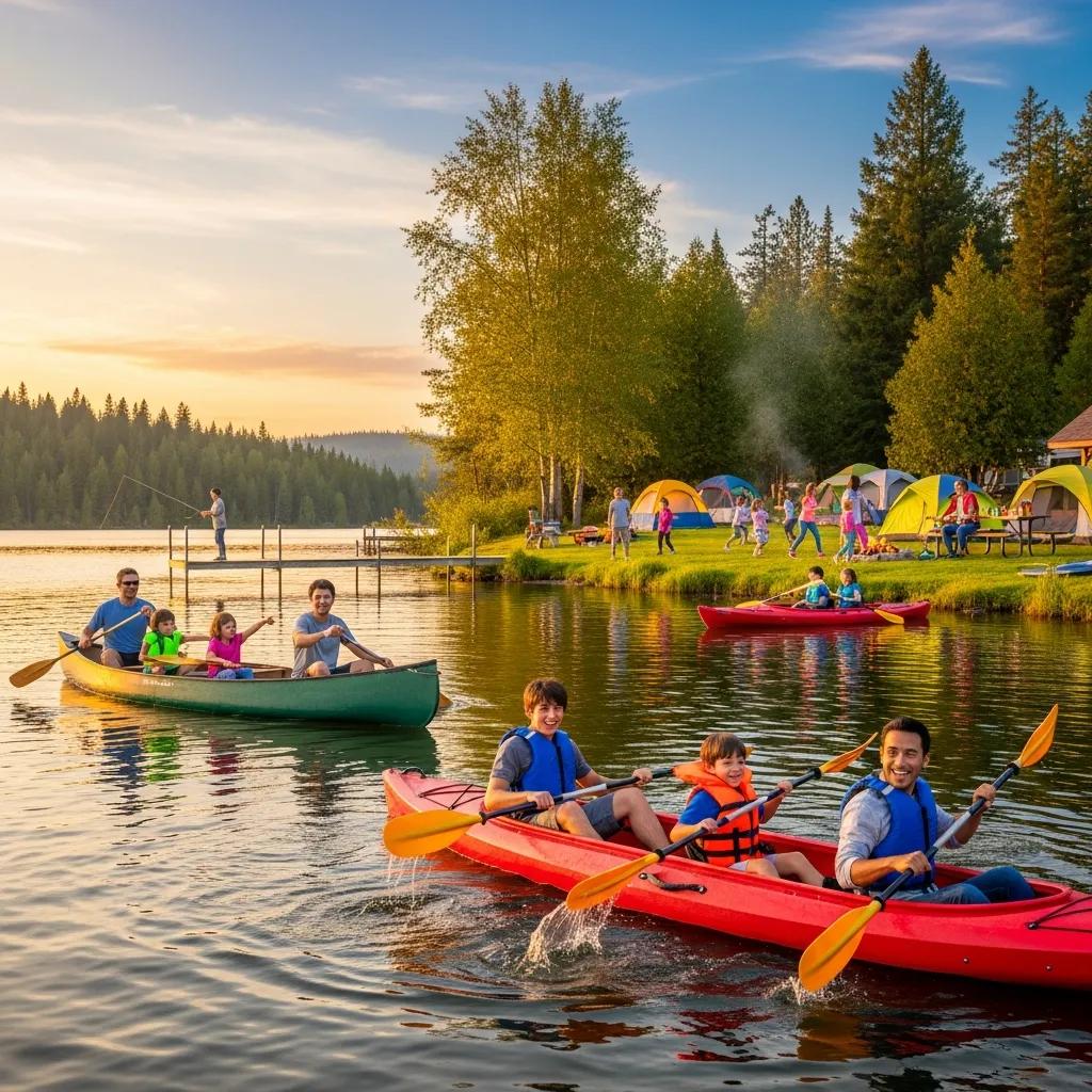 Family paddling and enjoying lakefront activities at a campground